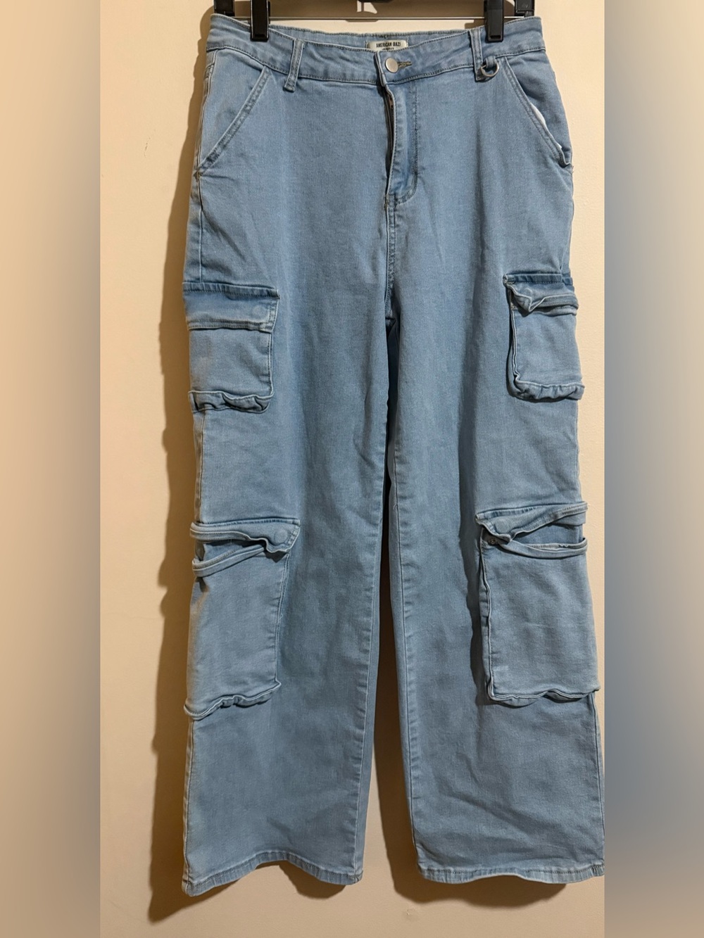 American Bazi Cargo Jeans Size L Light Wash Y2K Wide Leg Utility Denim